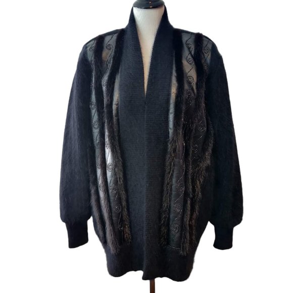 Vtg Belldini Womens Sz M Black Acrylic Angora Blend Open Front Swirls Cardigan - Picture 1 of 11